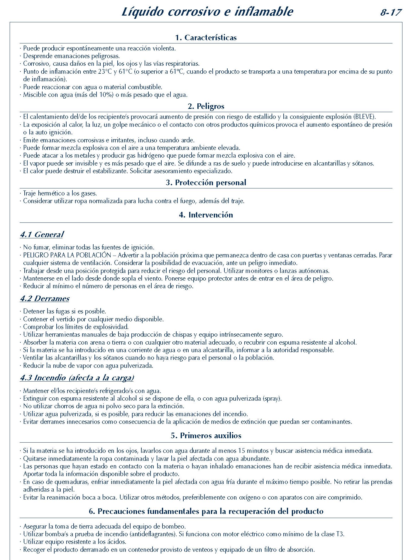 318 FICHA 8-17 LIQUIDO CORROSIVO INFLAMABLE FICHAS EMERGENCIA